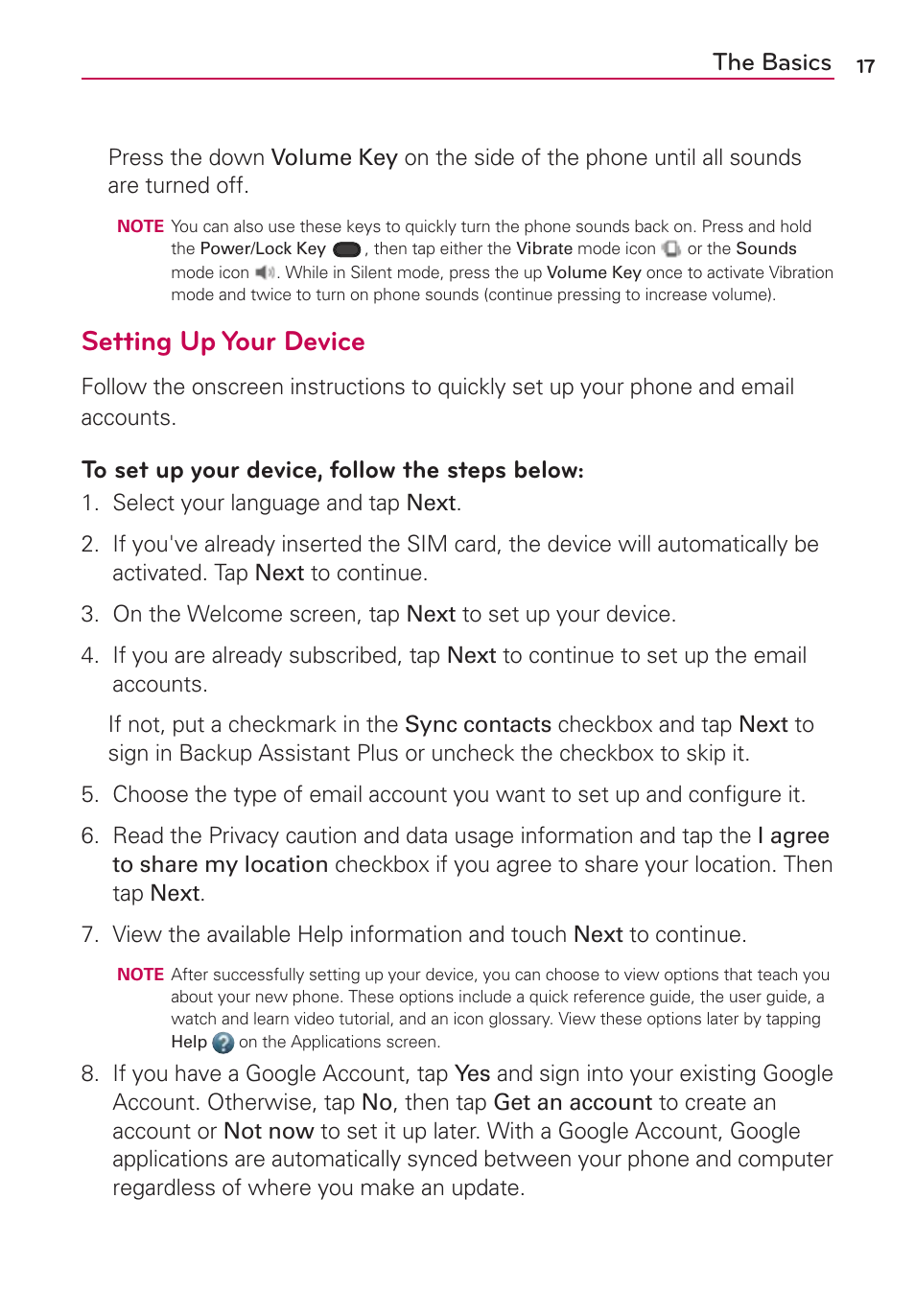 Setting up your device, The basics | LG VS950 User Manual | Page 19 / 209