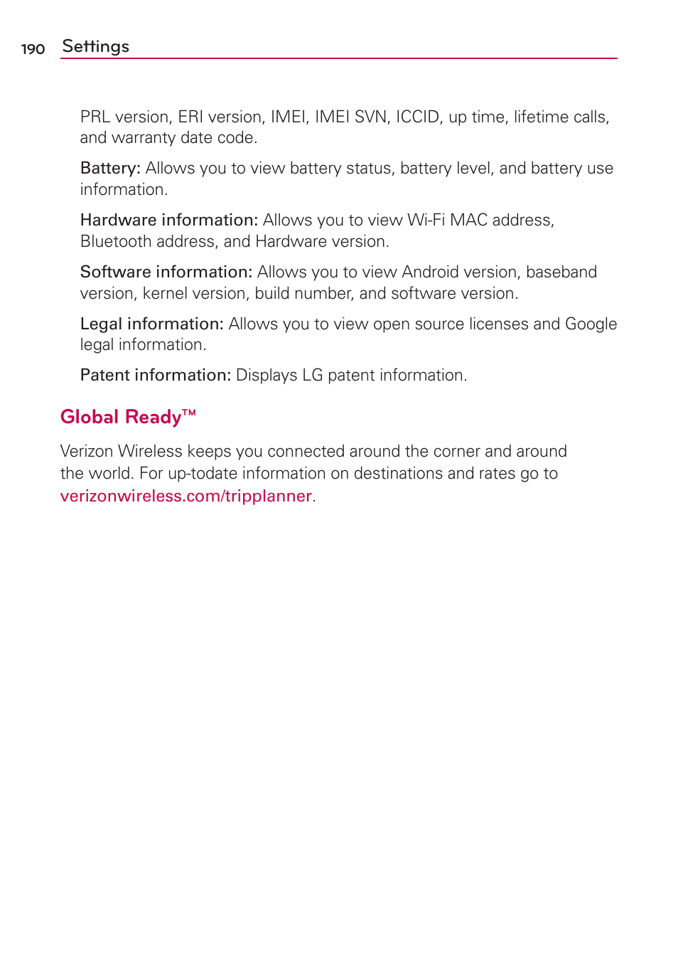 Global ready | LG VS950 User Manual | Page 192 / 209