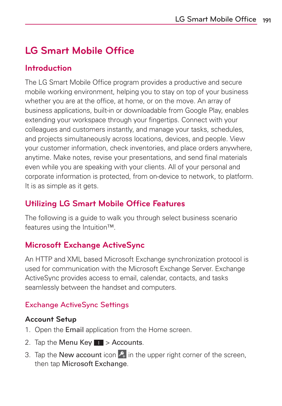 Lg smart mobile office, Lg smart mobile ofﬁce, Introduction | Utilizing lg smart mobile ofﬁce features, Microsoft exchange activesync | LG VS950 User Manual | Page 193 / 209