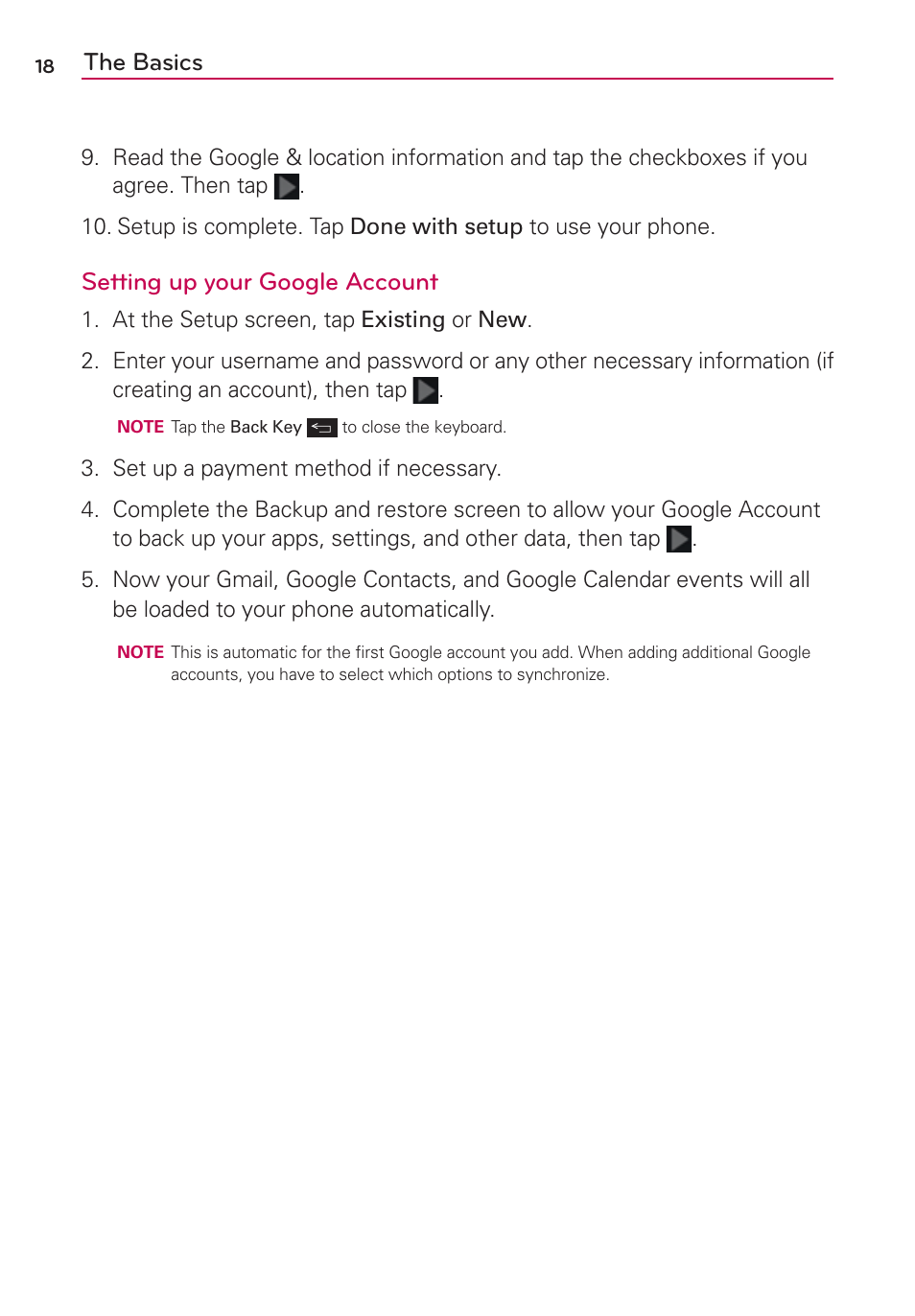 The basics, Setting up your google account | LG VS950 User Manual | Page 20 / 209