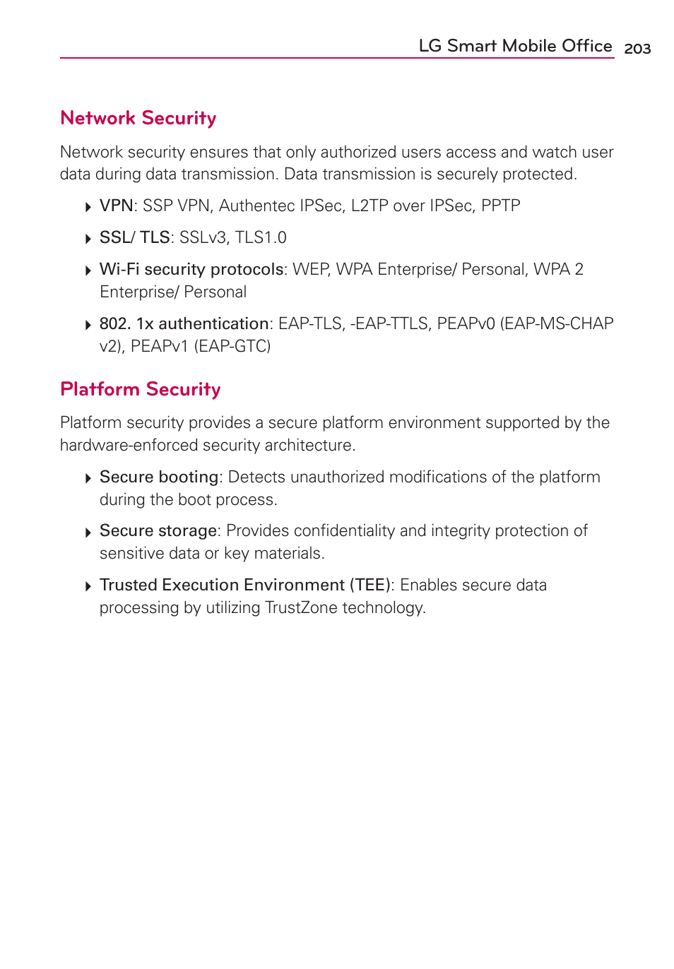 Network security, Platform security | LG VS950 User Manual | Page 205 / 209