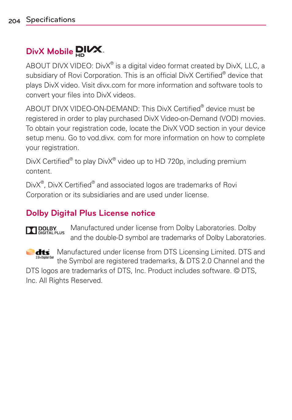 Specifications, Speciﬁcations, Divx mobile | Dolby digital plus license notice | LG VS950 User Manual | Page 206 / 209