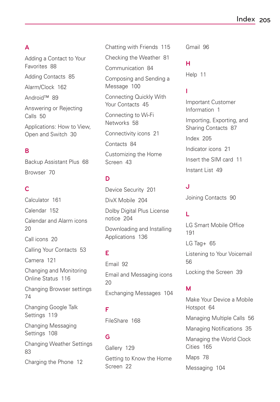 Index | LG VS950 User Manual | Page 207 / 209