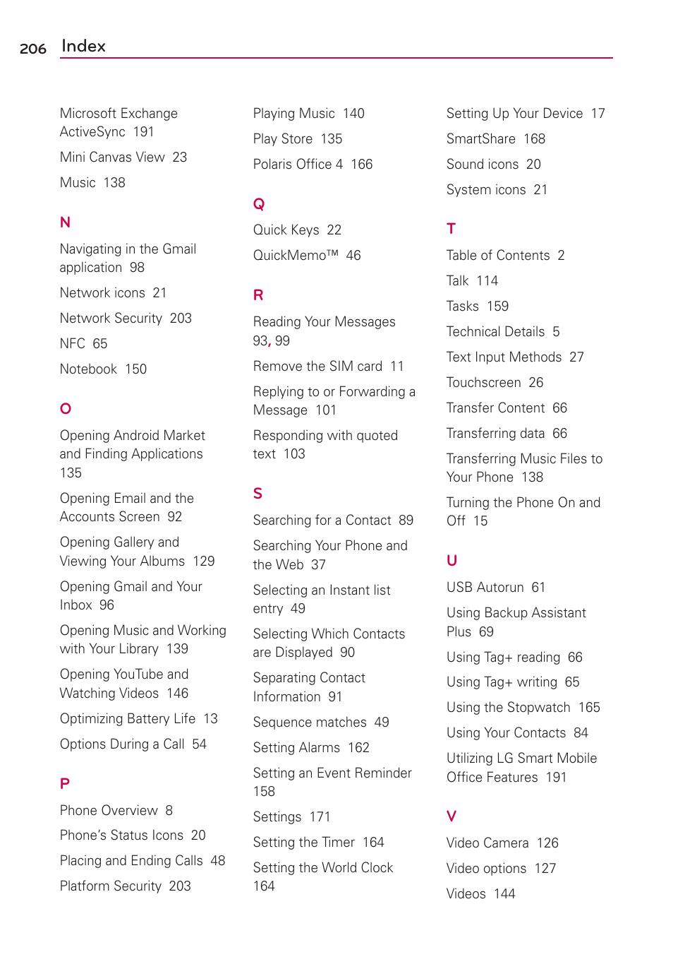 Index | LG VS950 User Manual | Page 208 / 209