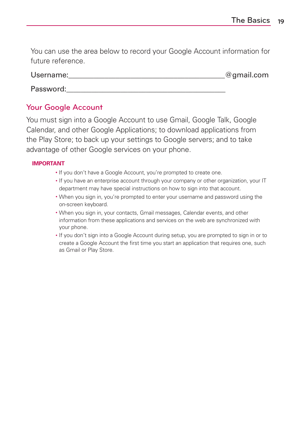 The basics, Your google account | LG VS950 User Manual | Page 21 / 209