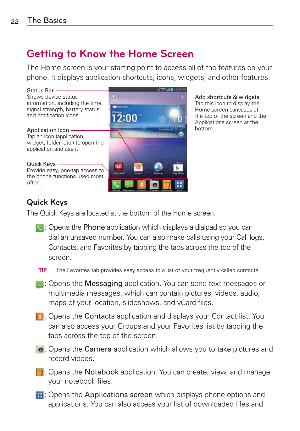 Getting to know the home screen, The basics, Quick keys | LG VS950 User Manual | Page 24 / 209