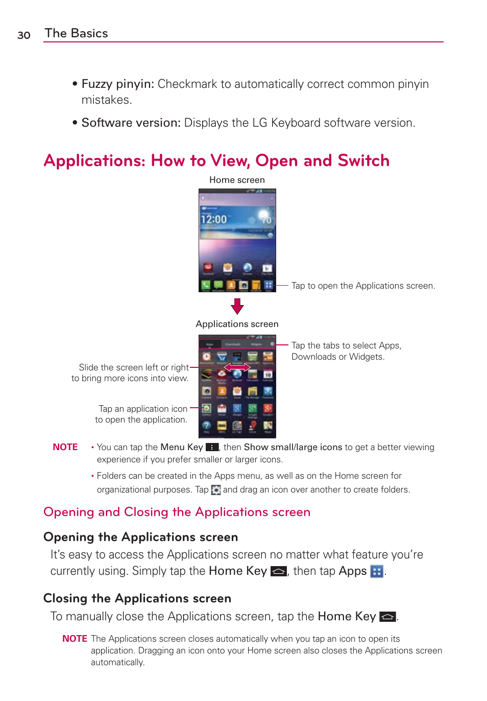 Applications: how to view, open and switch, The basics, Closing the applications screen | LG VS950 User Manual | Page 32 / 209