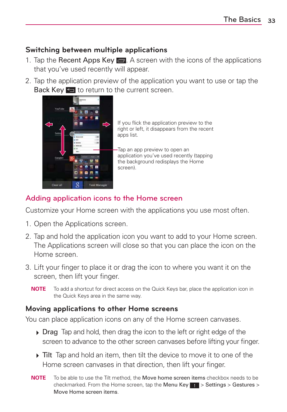 The basics switching between multiple applications, Adding application icons to the home screen, Moving applications to other home screens | LG VS950 User Manual | Page 35 / 209