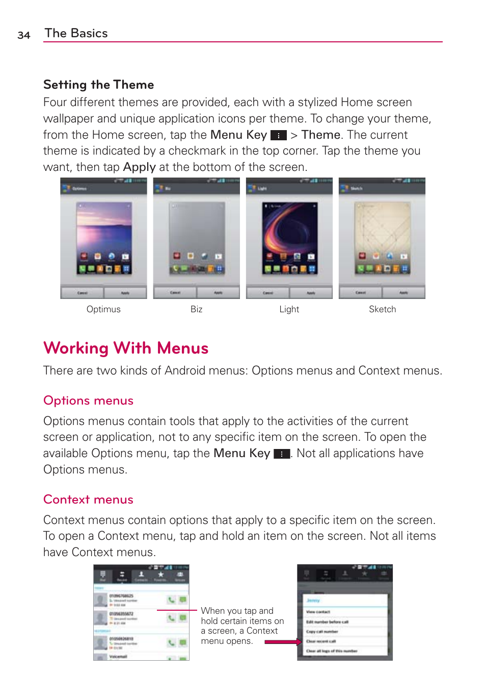 Working with menus | LG VS950 User Manual | Page 36 / 209