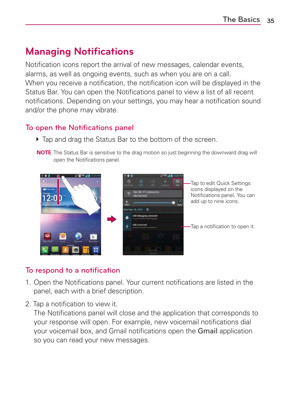 Managing notifications, Managing notiﬁcations | LG VS950 User Manual | Page 37 / 209