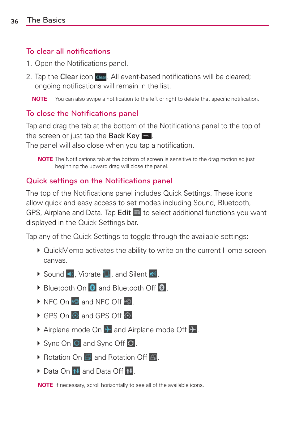 The basics to clear all notiﬁcations, Quick settings on the notiﬁcations panel | LG VS950 User Manual | Page 38 / 209