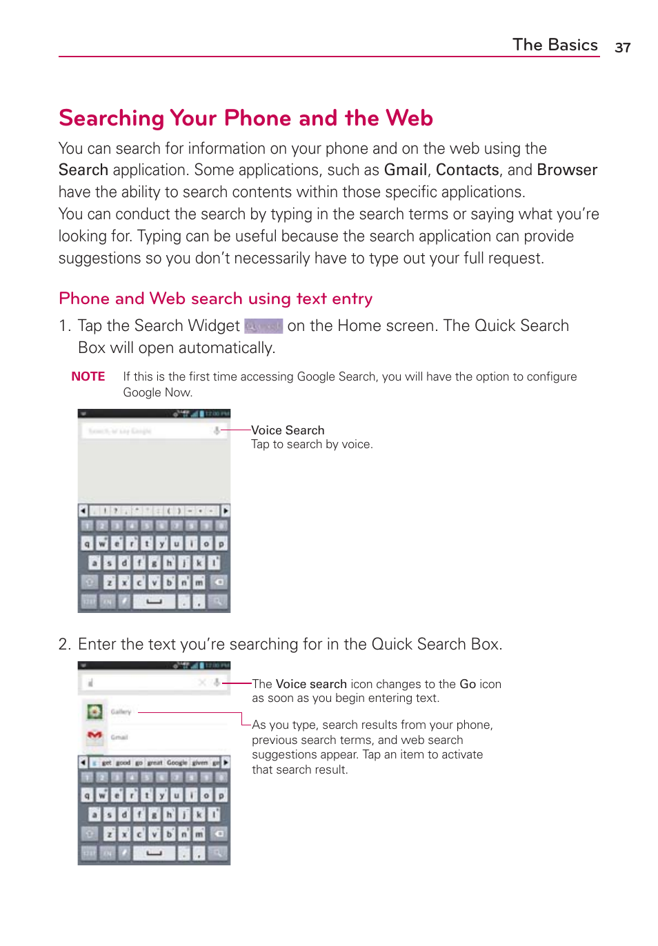 Searching your phone and the web, The basics, Phone and web search using text entry | LG VS950 User Manual | Page 39 / 209