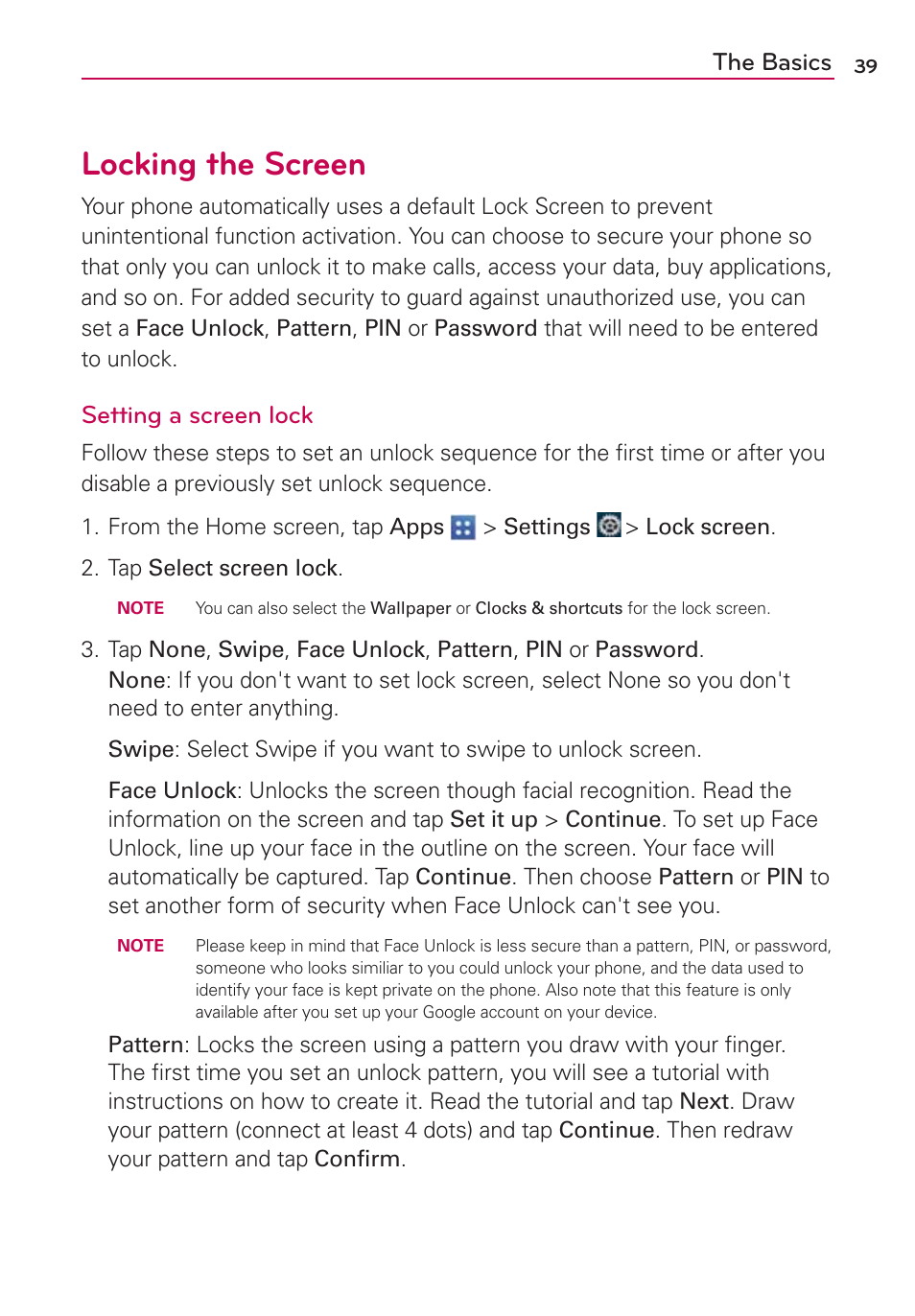 Locking the screen, The basics, Setting a screen lock | LG VS950 User Manual | Page 41 / 209