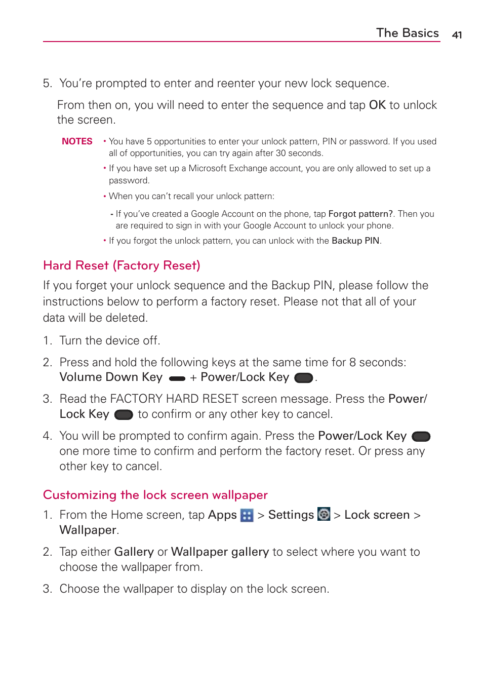 The basics, Hard reset (factory reset), Customizing the lock screen wallpaper | LG VS950 User Manual | Page 43 / 209