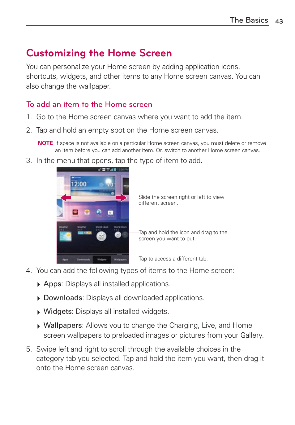 Customizing the home screen, The basics | LG VS950 User Manual | Page 45 / 209