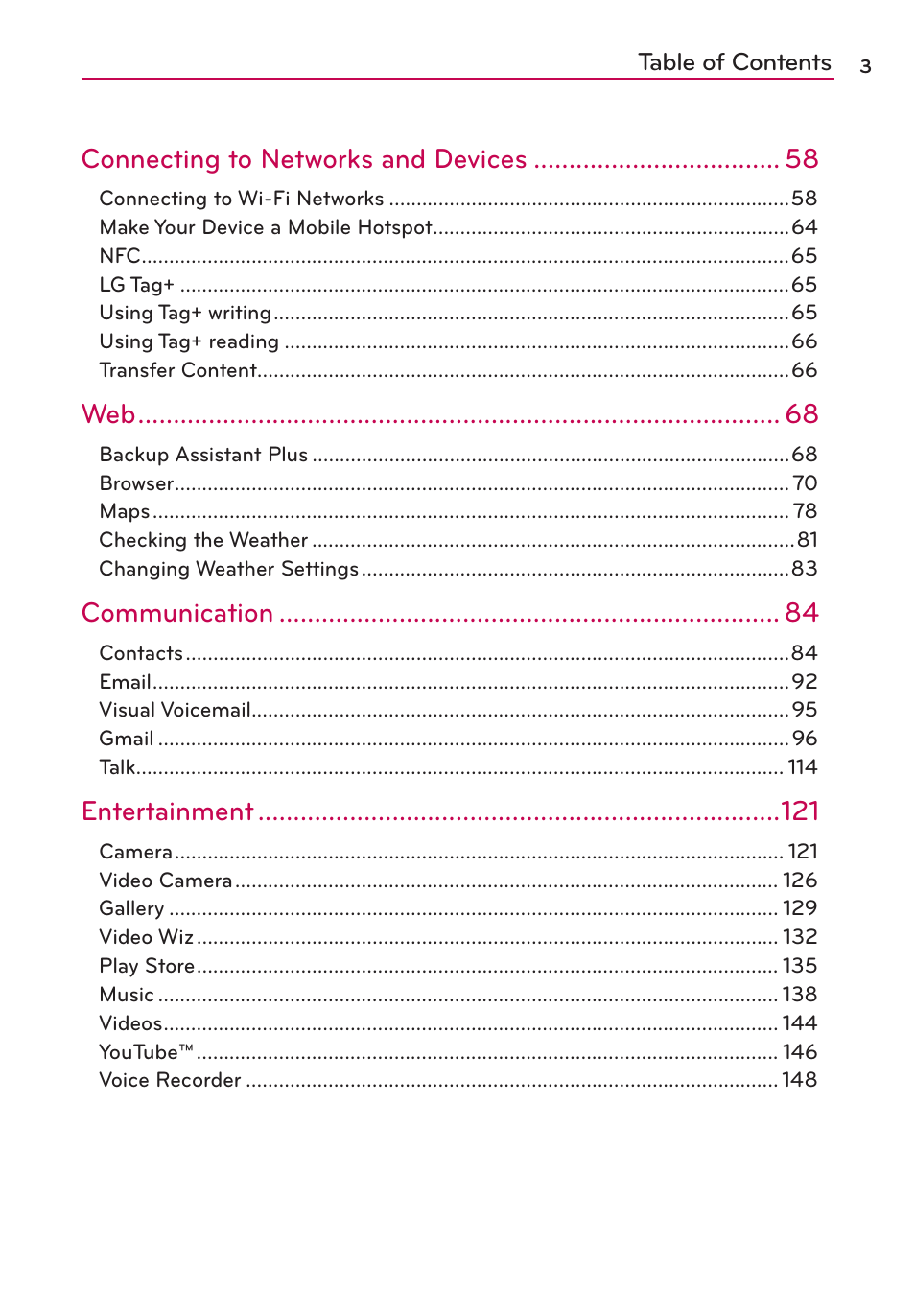 Connecting to networks and devices, Communication, Entertainment | LG VS950 User Manual | Page 5 / 209