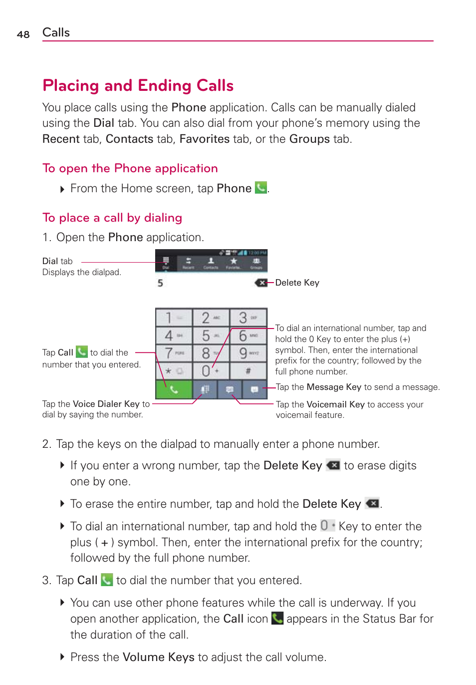 Calls, Placing and ending calls | LG VS950 User Manual | Page 50 / 209