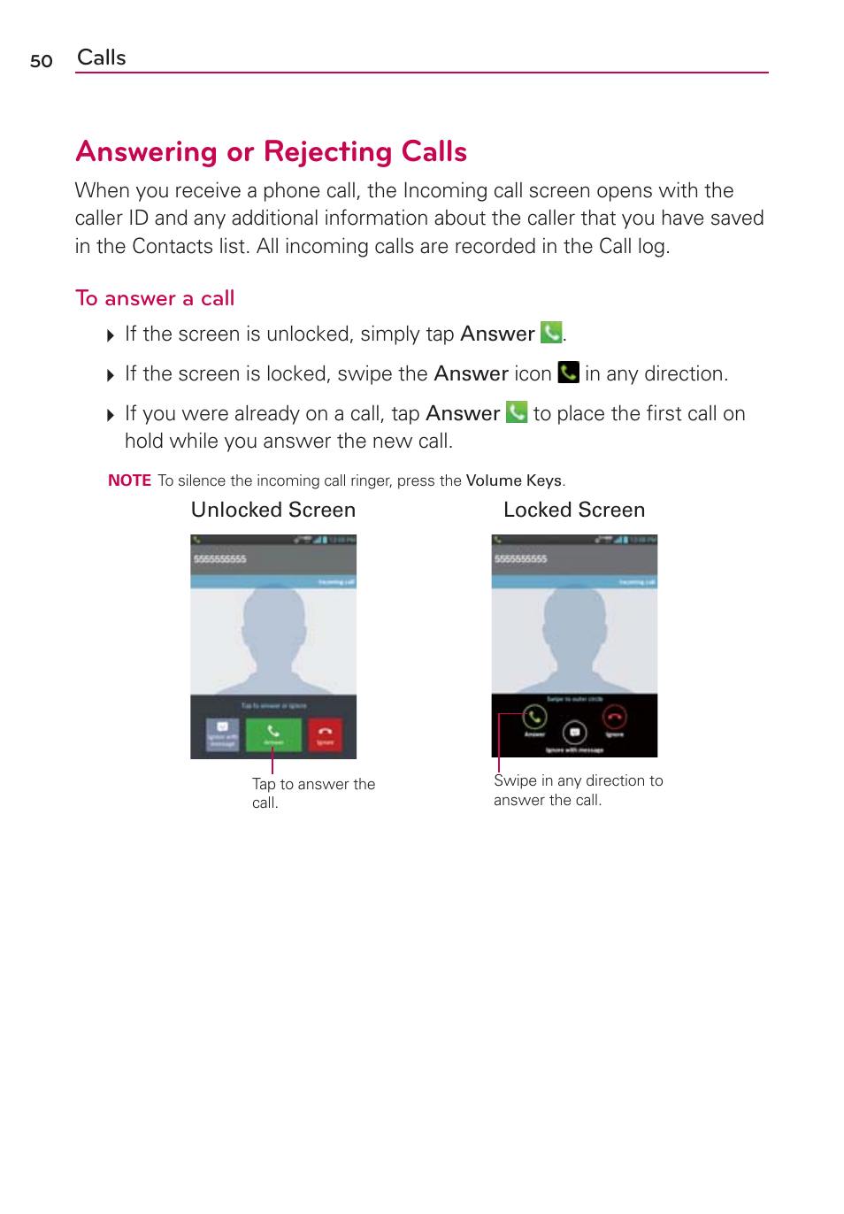 Answering or rejecting calls | LG VS950 User Manual | Page 52 / 209