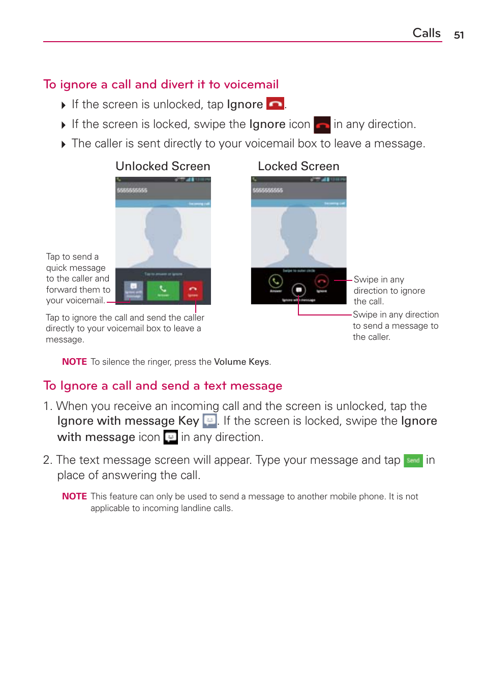 Calls to ignore a call and divert it to voicemail | LG VS950 User Manual | Page 53 / 209