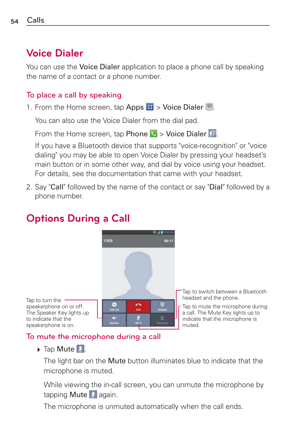 Voice dialer, Options during a call, Voice dialer options during a call | LG VS950 User Manual | Page 56 / 209