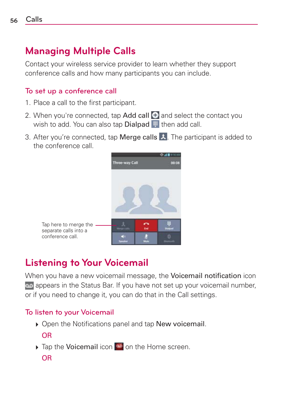 Managing multiple calls, Listening to your voicemail | LG VS950 User Manual | Page 58 / 209