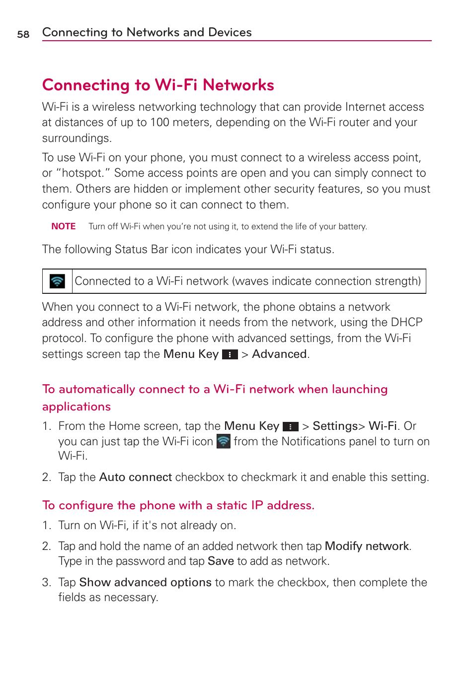 Connecting to networks and devices, Connecting to wi-fi networks | LG VS950 User Manual | Page 60 / 209