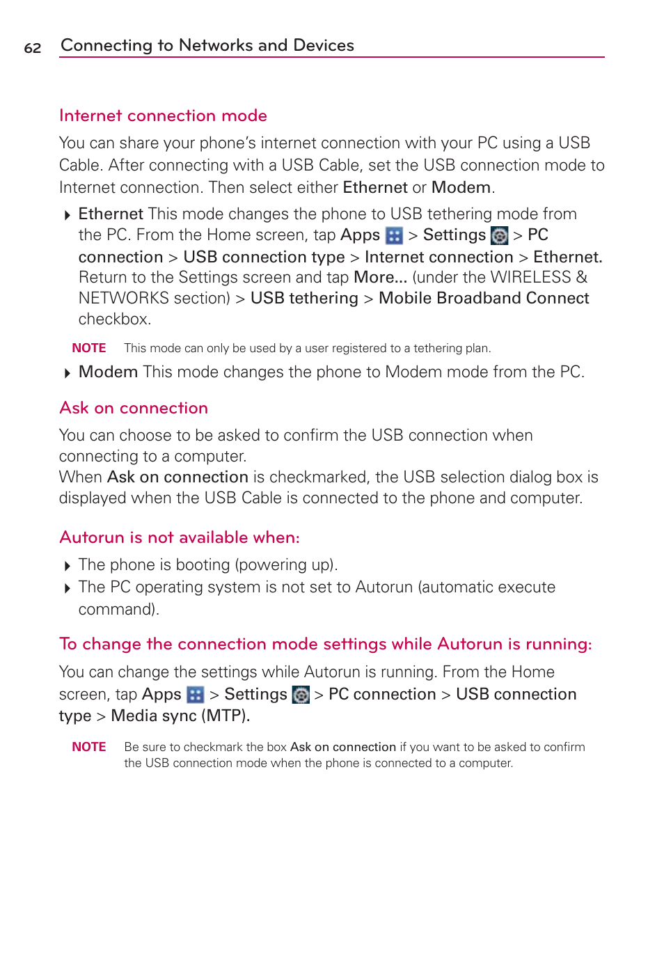 Ask on connection, Autorun is not available when | LG VS950 User Manual | Page 64 / 209