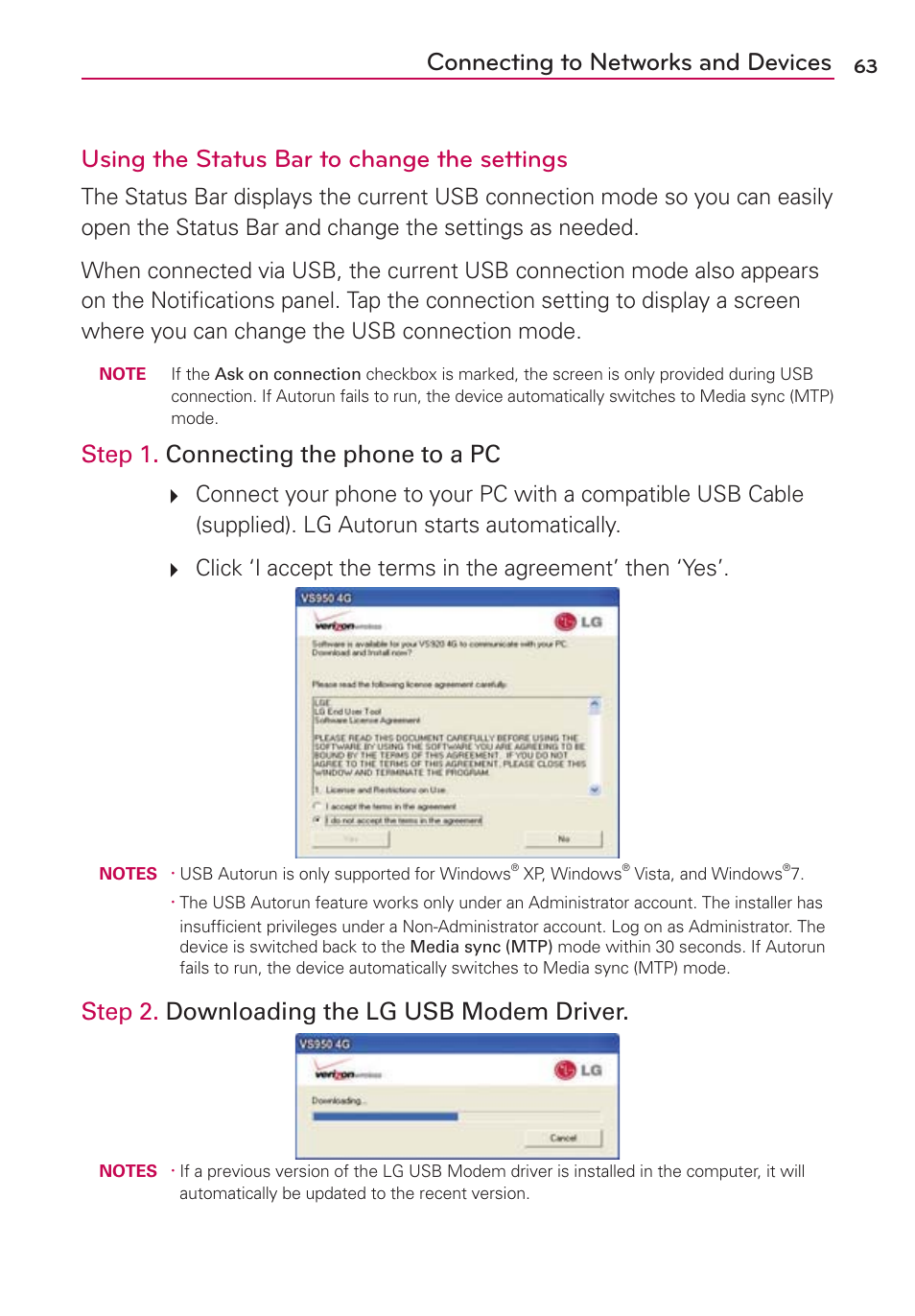 Step 1. connecting the phone to a pc, Step 2. downloading the lg usb modem driver | LG VS950 User Manual | Page 65 / 209