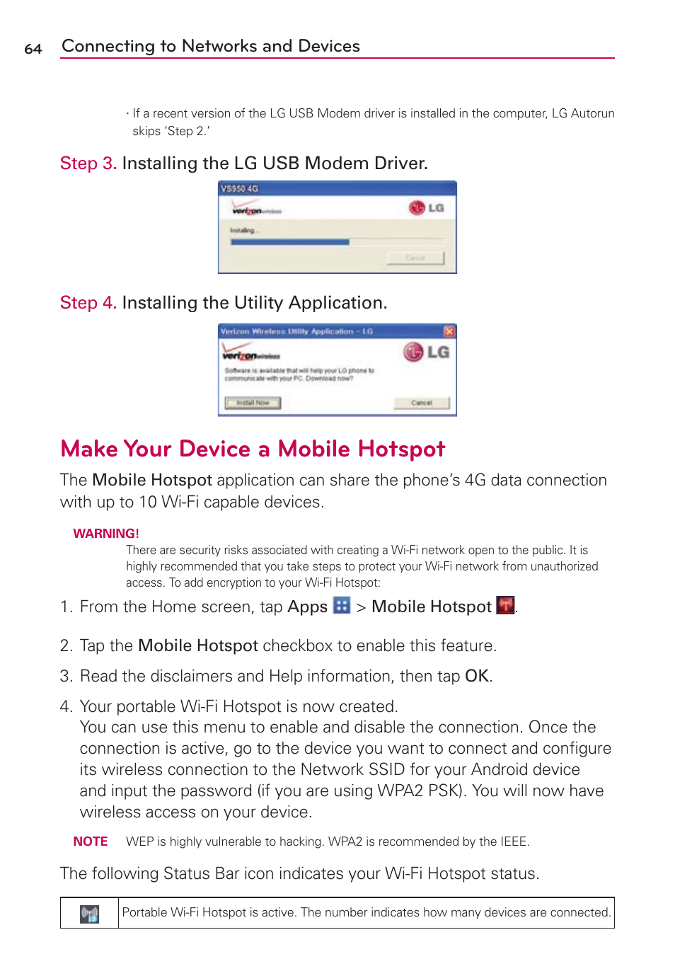 Make your device a mobile hotspot, Connecting to networks and devices | LG VS950 User Manual | Page 66 / 209