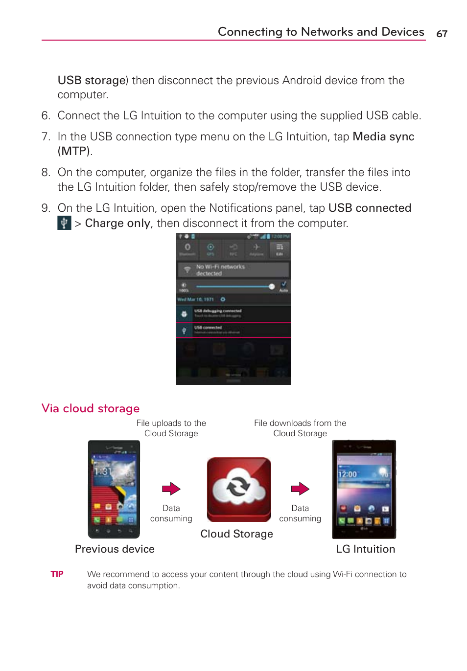 Connecting to networks and devices, Via cloud storage | LG VS950 User Manual | Page 69 / 209