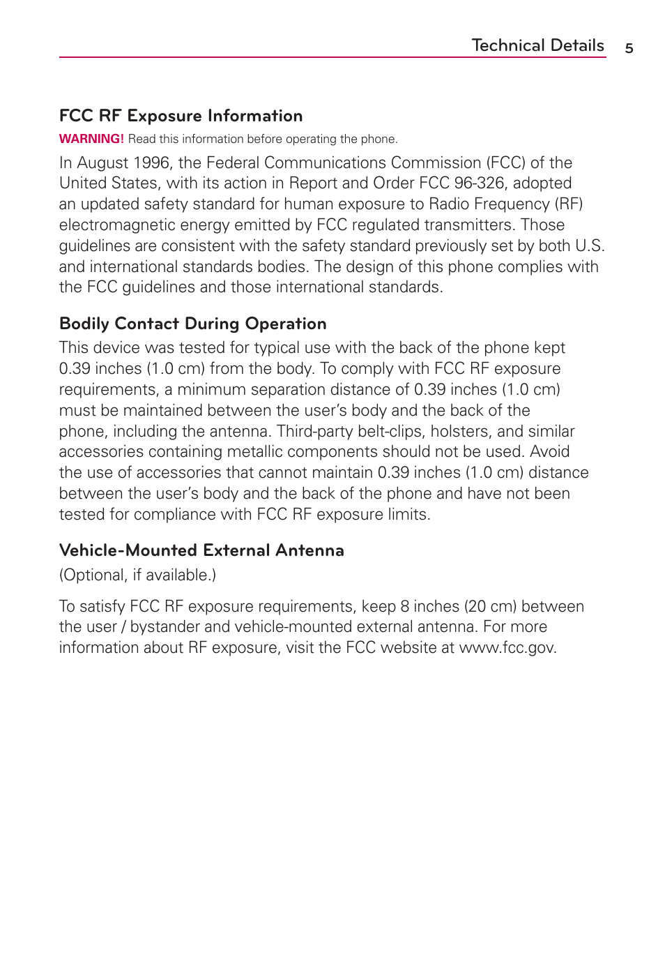 Technical details | LG VS950 User Manual | Page 7 / 209