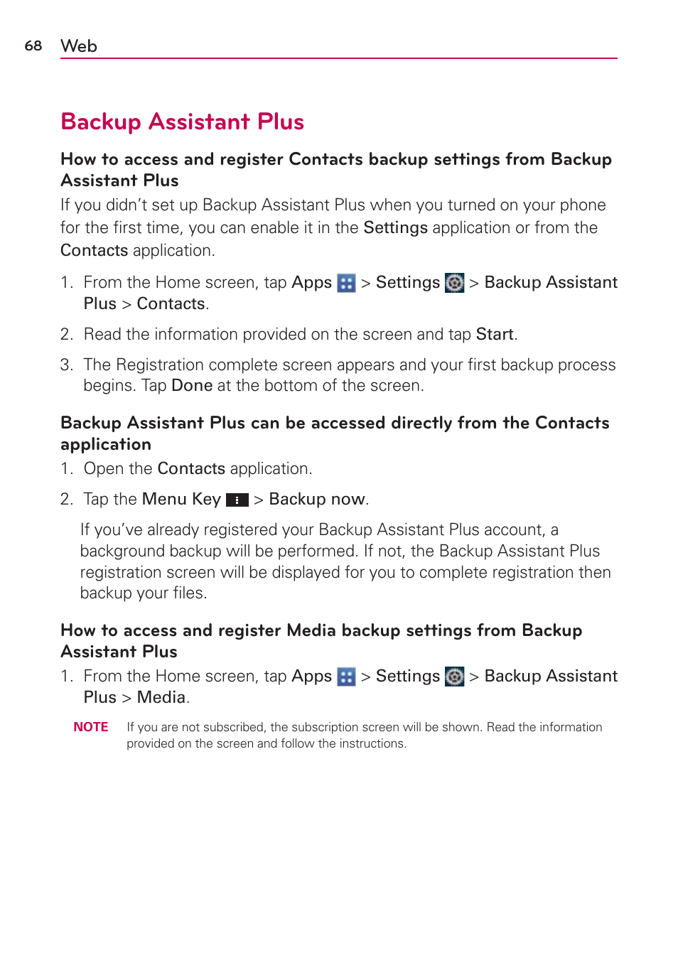 Backup assistant plus | LG VS950 User Manual | Page 70 / 209