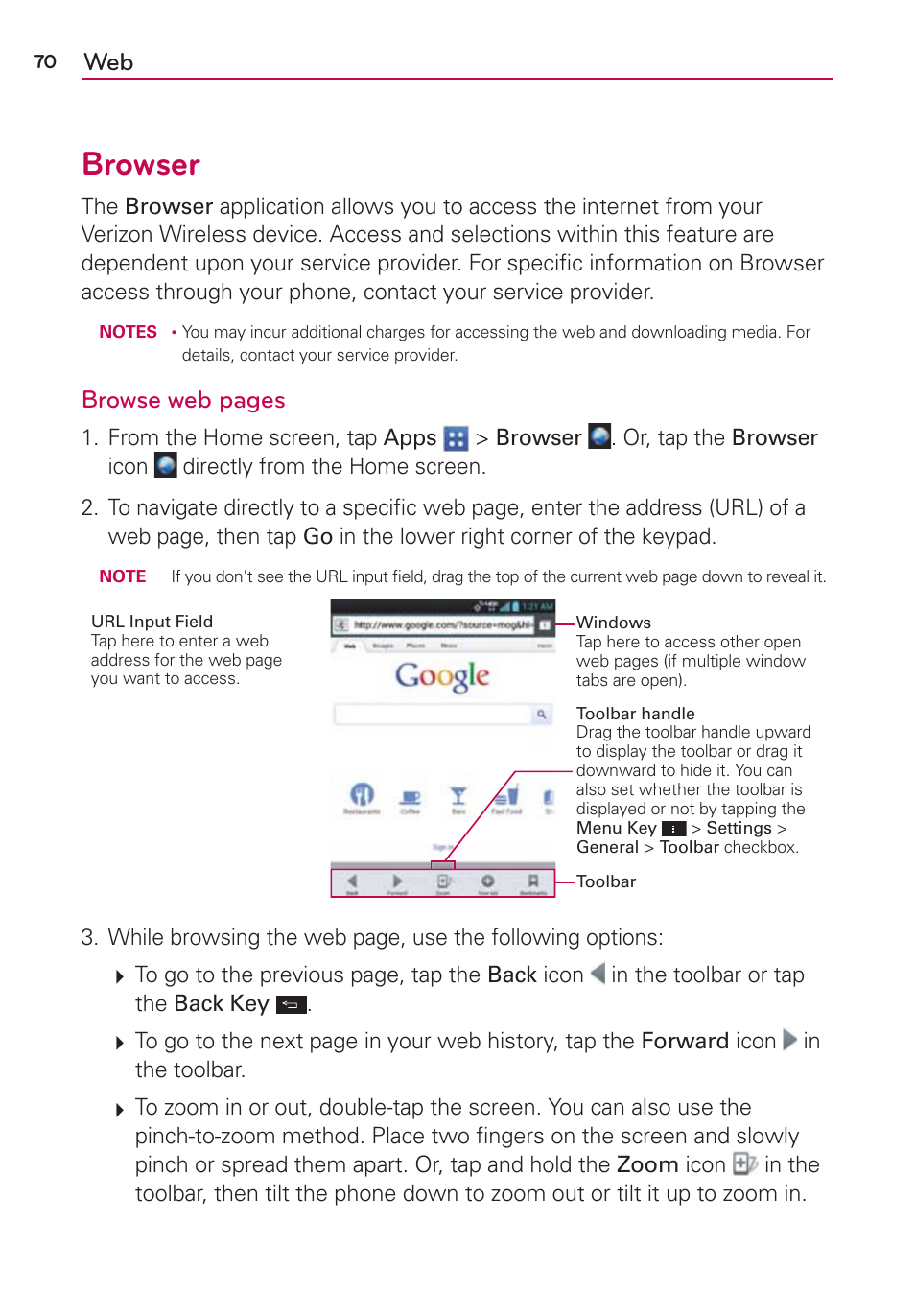 Browser, Browse web pages | LG VS950 User Manual | Page 72 / 209