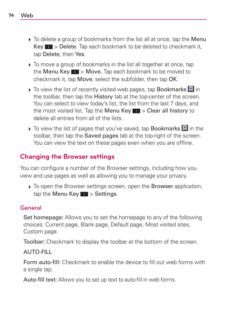 Changing the browser settings | LG VS950 User Manual | Page 76 / 209