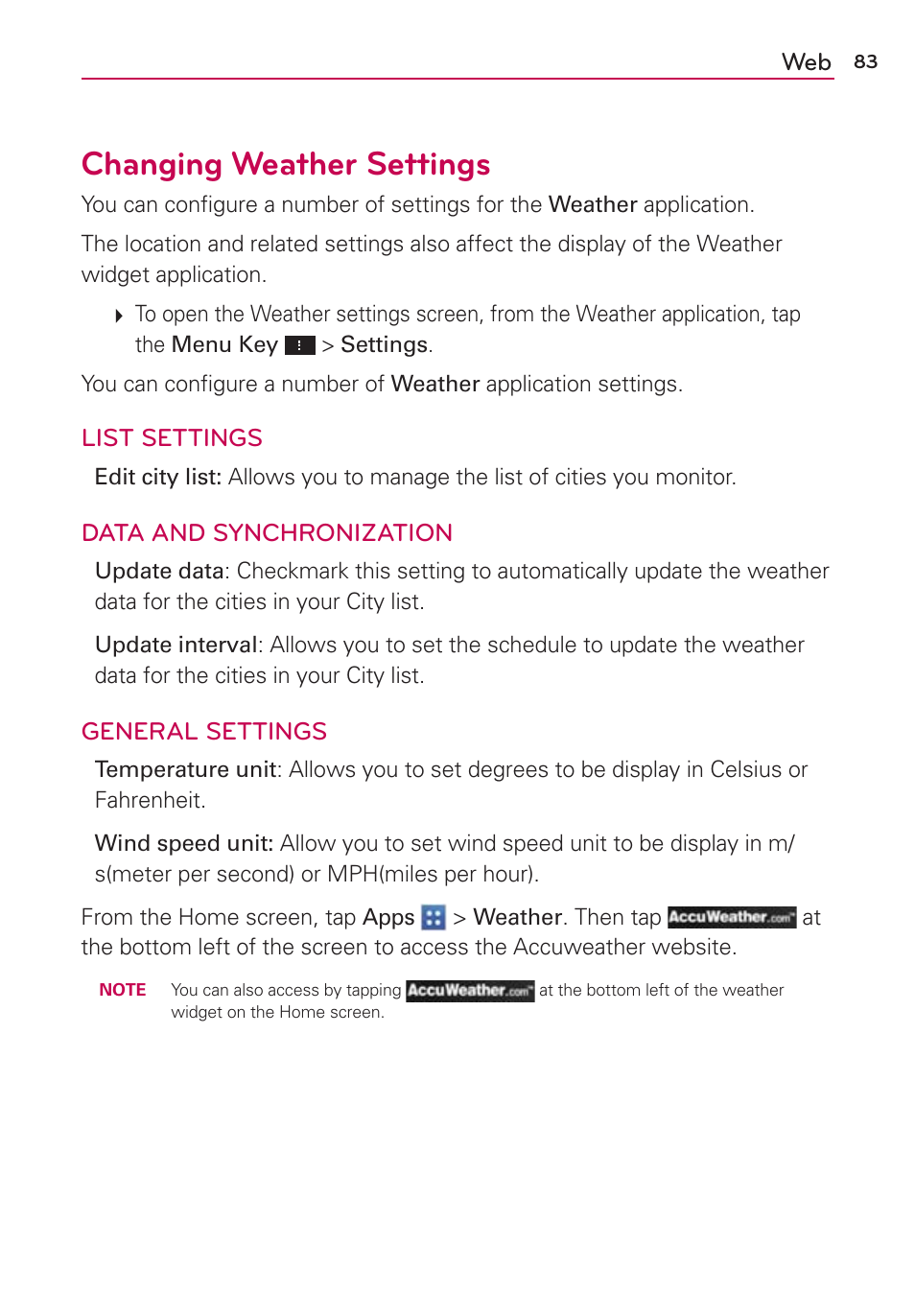 Changing weather settings | LG VS950 User Manual | Page 85 / 209