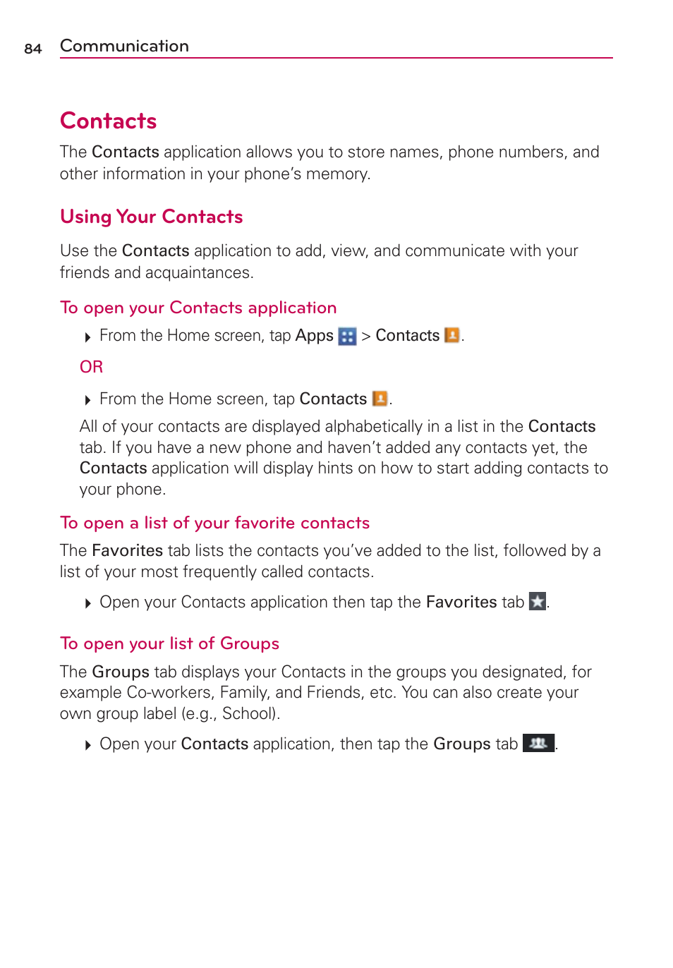 Communication, Contacts, Using your contacts | LG VS950 User Manual | Page 86 / 209