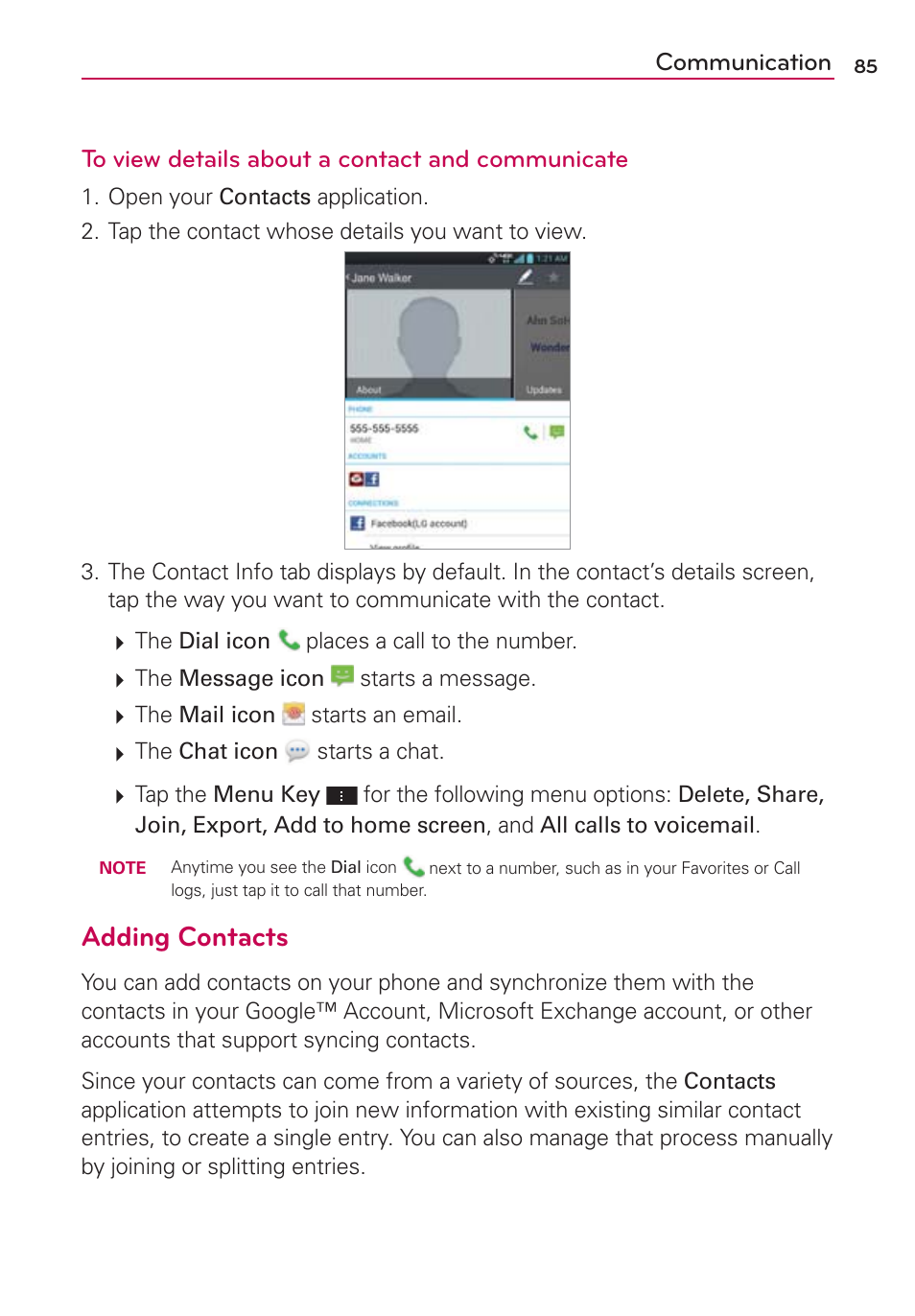 Adding contacts | LG VS950 User Manual | Page 87 / 209