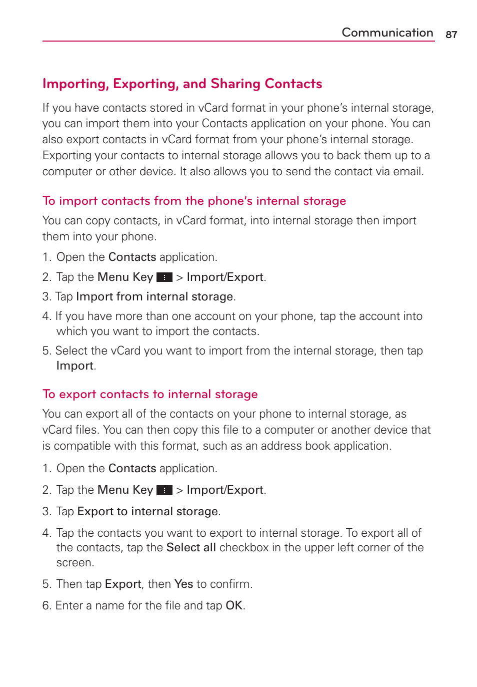 Importing, exporting, and sharing contacts | LG VS950 User Manual | Page 89 / 209