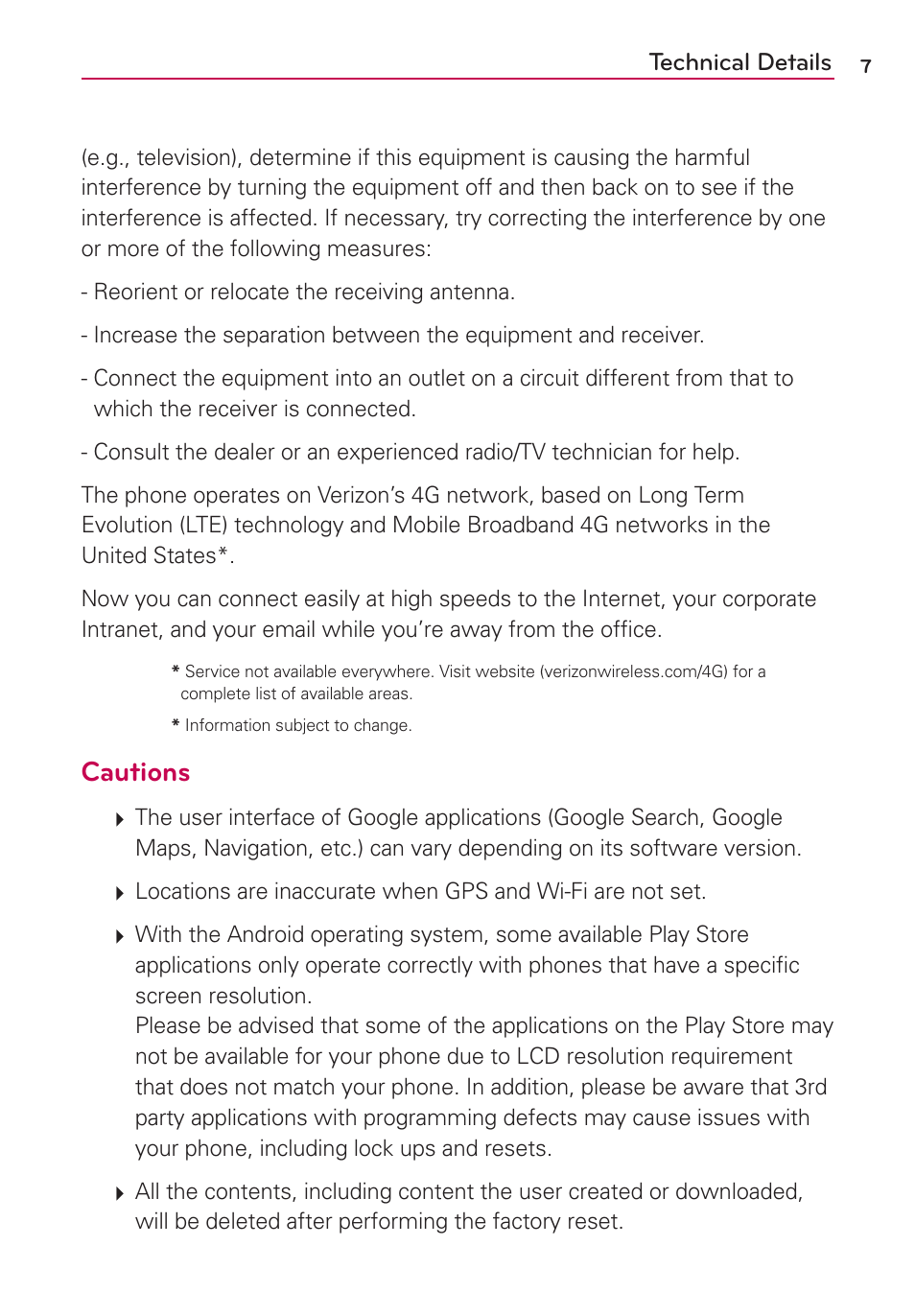 Cautions, Technical details | LG VS950 User Manual | Page 9 / 209