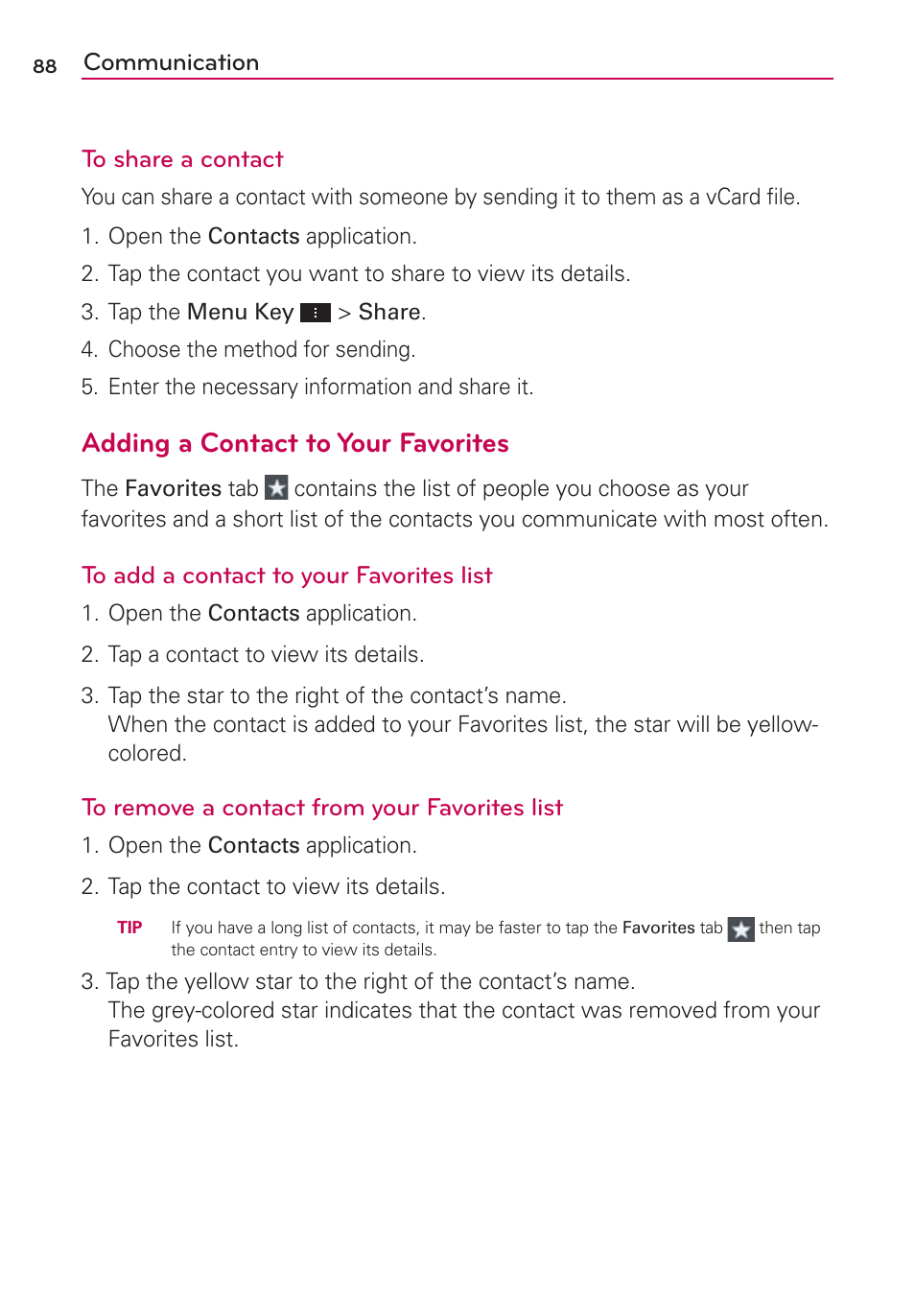 Adding a contact to your favorites | LG VS950 User Manual | Page 90 / 209