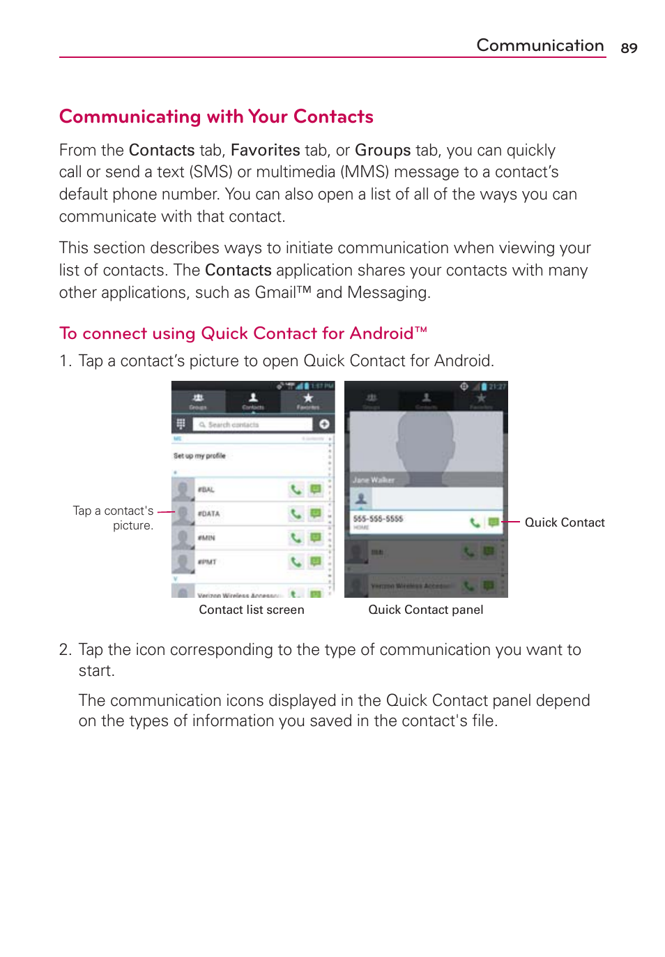 Communicating with your contacts, Communication | LG VS950 User Manual | Page 91 / 209