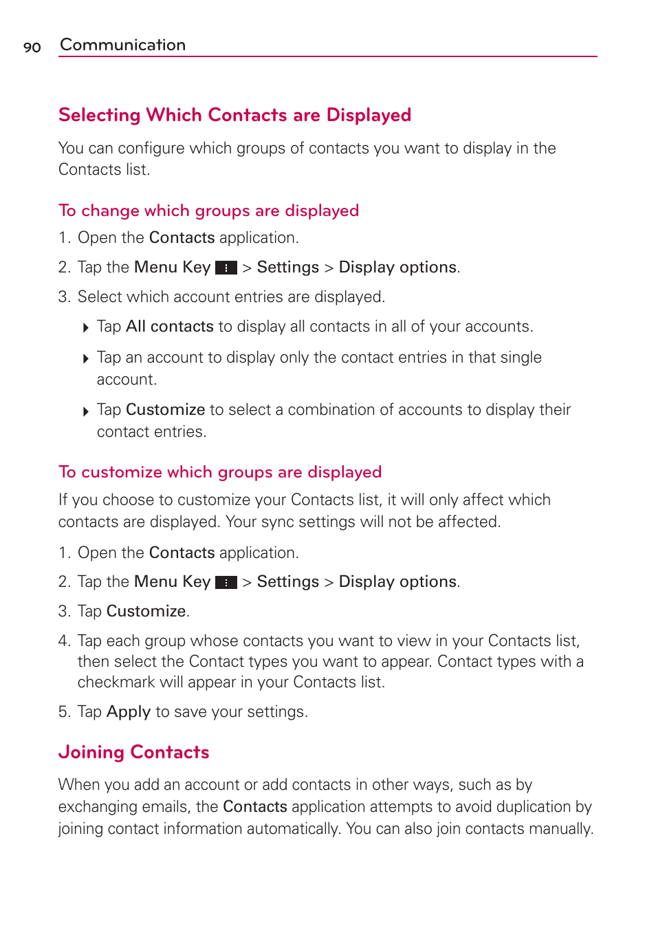 Selecting which contacts are displayed, Joining contacts | LG VS950 User Manual | Page 92 / 209