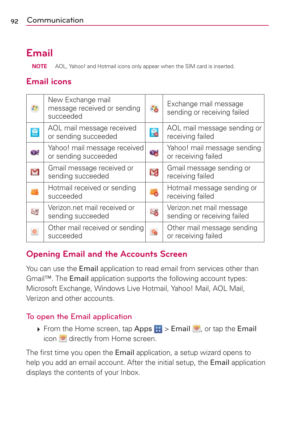 Email, Email icons, Opening email and the accounts screen | LG VS950 User Manual | Page 94 / 209