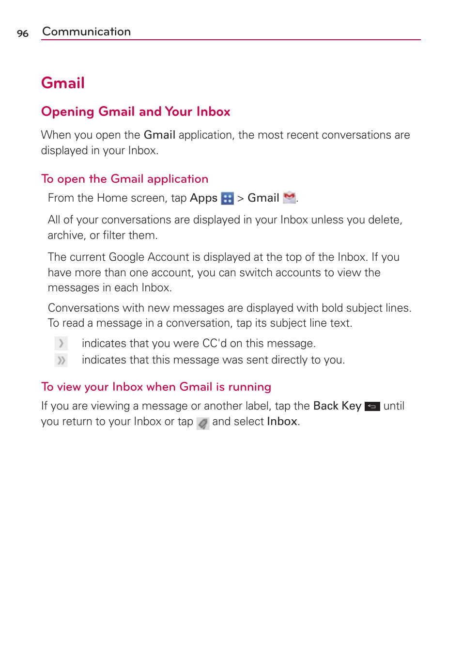 Gmail, Opening gmail and your inbox | LG VS950 User Manual | Page 98 / 209