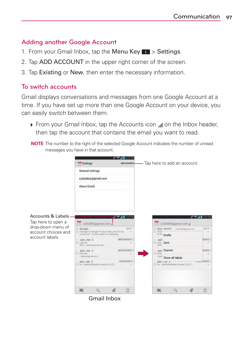 Communication adding another google account | LG VS950 User Manual | Page 99 / 209