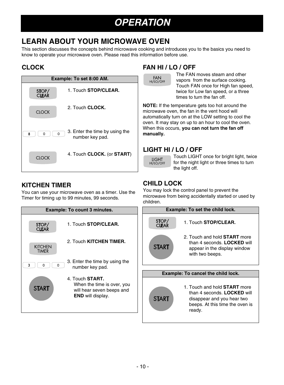 Operation, Learn about your microwave oven, Kitchen timer | Child lock, Fan hi / lo / off, Light hi / lo / off, Clock | LG MV1501B User Manual | Page 10 / 30