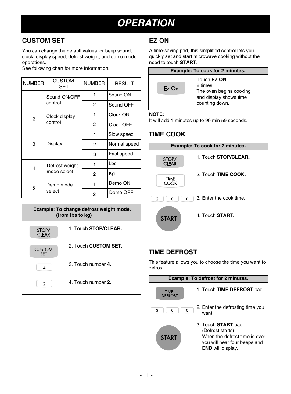 Operation, Custom set, Ez on | Time cook, Time defrost | LG MV1501B User Manual | Page 11 / 30