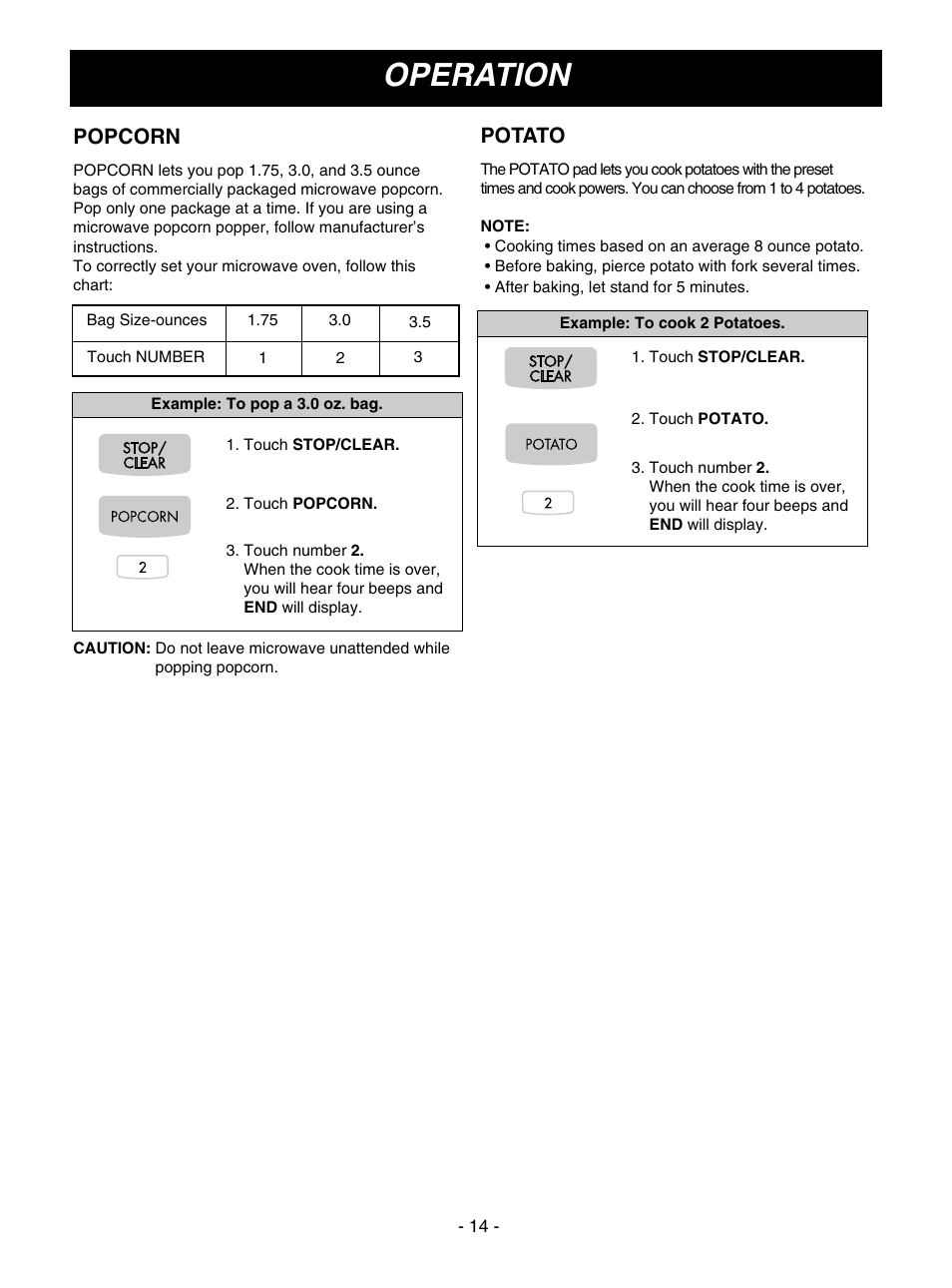 Operation, Potato, Popcorn | LG MV1501B User Manual | Page 14 / 30