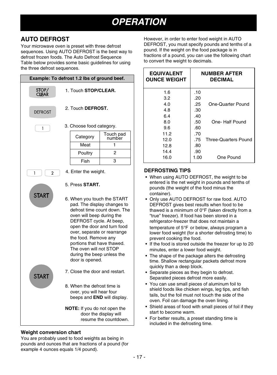 Operation, Auto defrost | LG MV1501B User Manual | Page 17 / 30