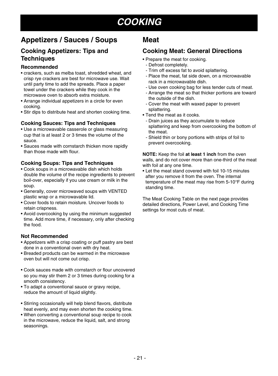 Cooking, Appetizers / sauces / soups, Meat | Cooking appetizers: tips and techniques, Cooking meat: general directions | LG MV1501B User Manual | Page 21 / 30